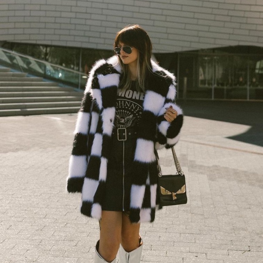 ASOS Design Checkerboard Faux Fur Coat US14/UK18 NWOT